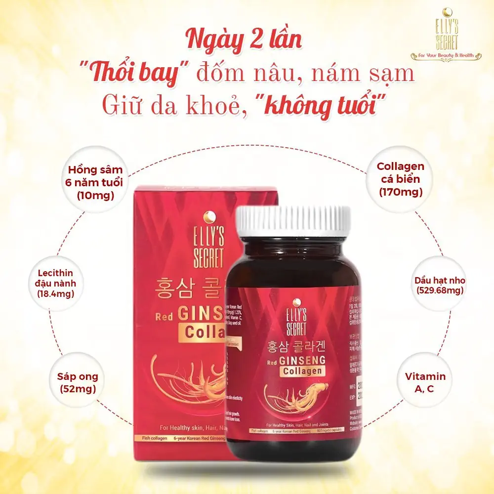 Thành Phần Viên Uống Hồng Sâm Collagen Cao Cấp Hàn Quốc Elly's Secret Hộp 60 Viên - 7mart.vn