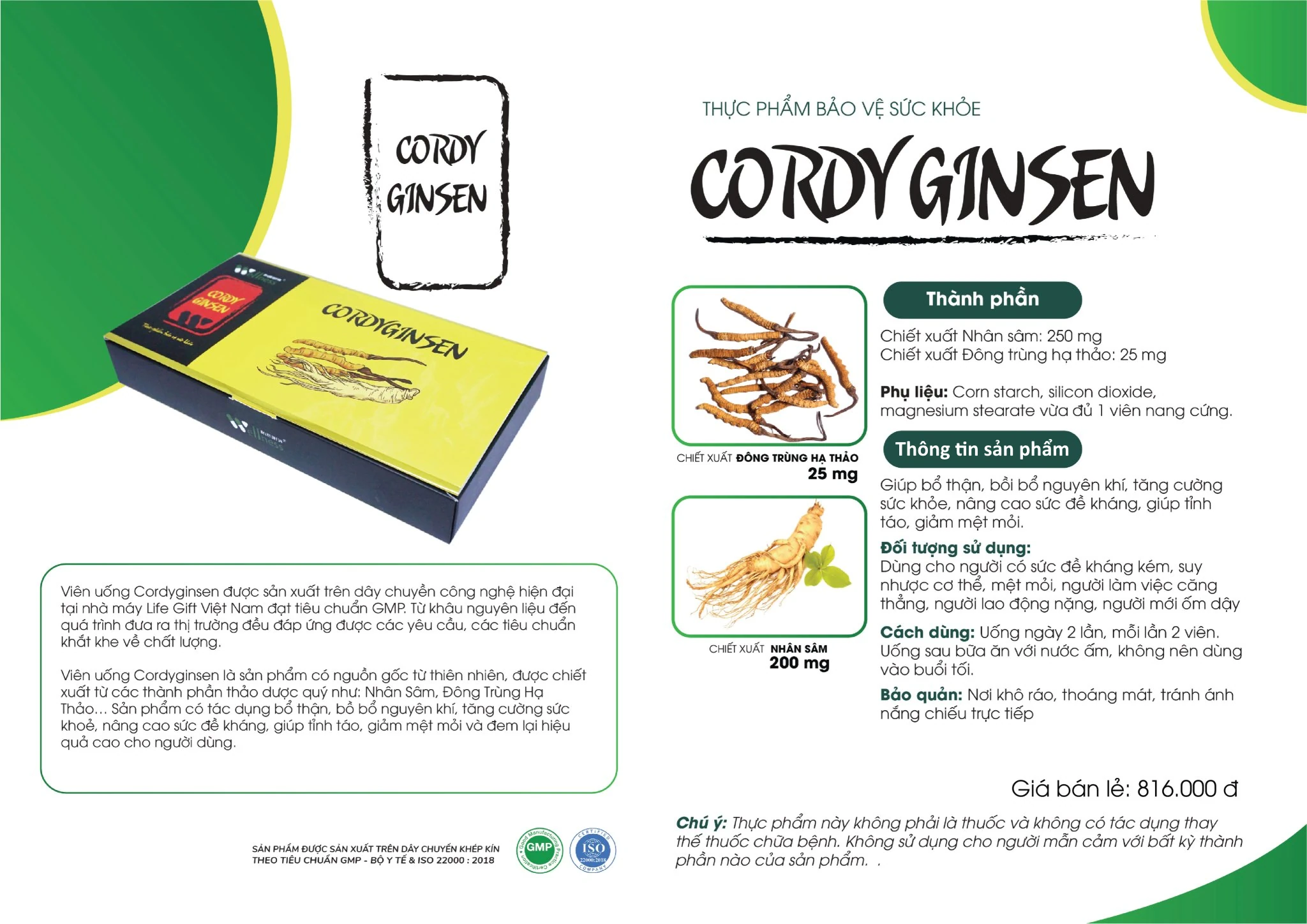 Thông Tin Sản Phẩm Cordyginsen - Viên đông Trùng Nhân Sâm Tăng Cường Sinh Lý Nam Giới
