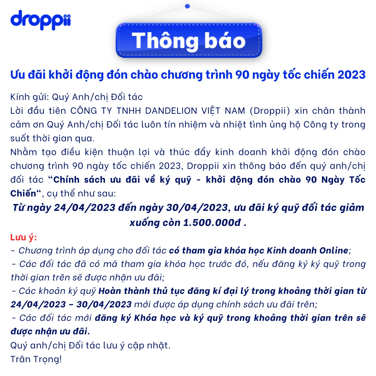 Ưu đãi ký quỹ đối tác Droppii tháng 4.2023 - 7Mart.vn