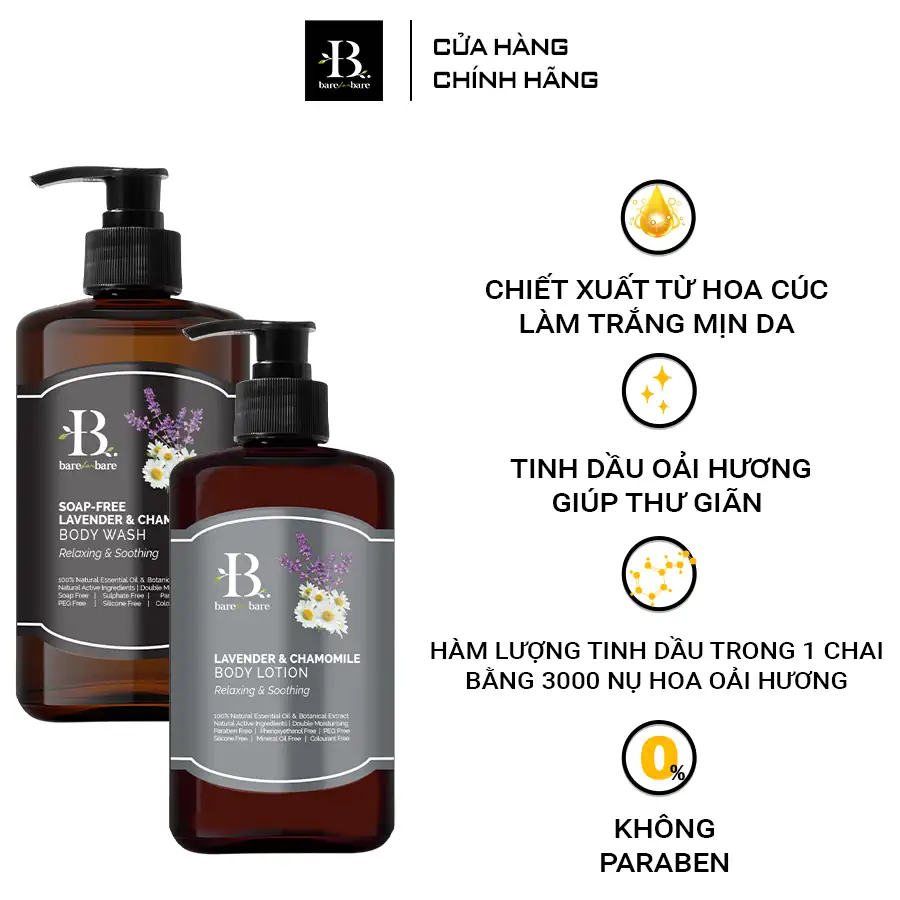 Ưu điểm Bộ chăm sóc cơ thể Lavender & Chamomile chính hãng giá tốt - Cấp ẩm thư giãn và làm dịu Bare for Bare - 7mart.vn
