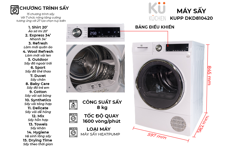 may-say-chuc-nang máy sấy Heat Pump Kuchen DKD810420 bơm nhiệt với 15 chế độ sấy
