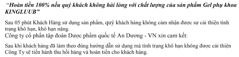 Cam Kết Hoàn Tiền Gel Phụ Khoa Kingluub - 7mart.vn