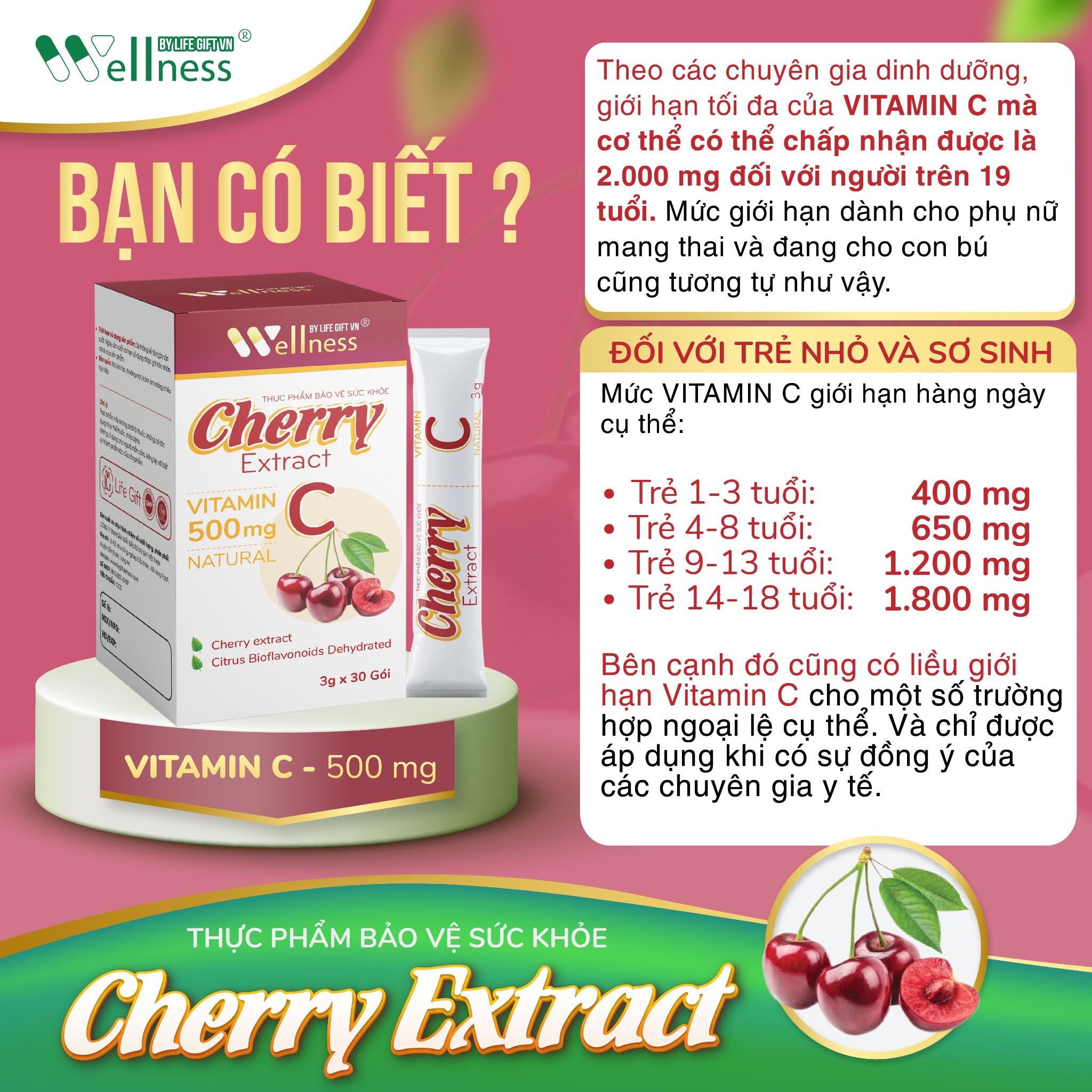 Thực phẩm bảo vệ sức khỏe Cherry Extract Vitamin C – Hàm lượng Vitamin C cần thiết cho từng lứa tuổi - 7mart.vn
