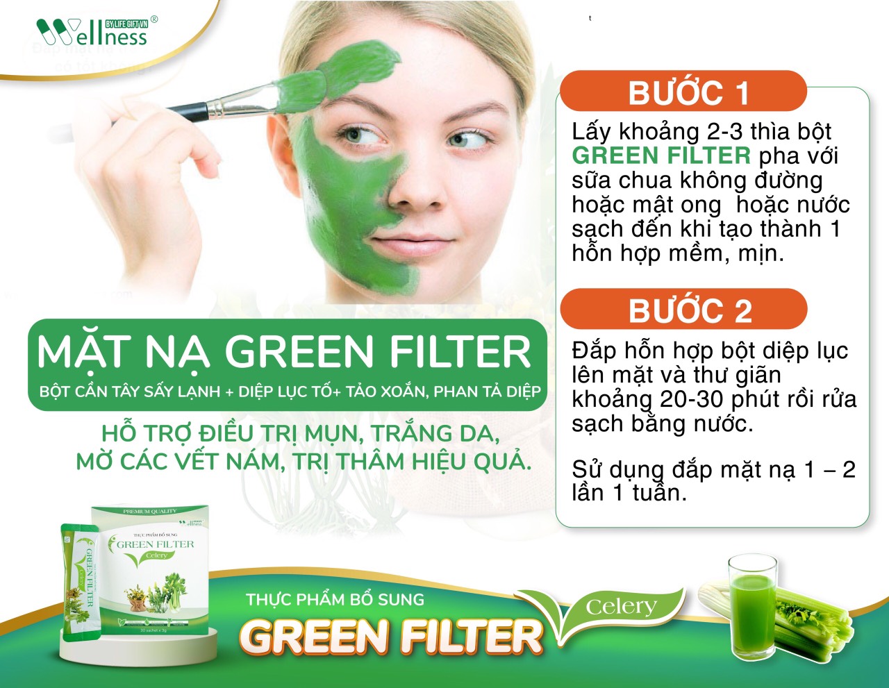 Thực Phẩm Bổ Sung Bột Cần Tây Sấy Lạnh Diệp Lục Green Filter Celery có thể dùng làm mặt nạ đắp mặt - 7mart.vn